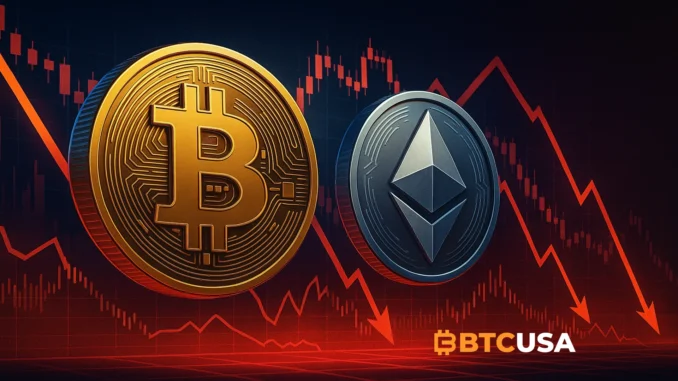 Digital illustration showing Bitcoin and Ethereum coins above red liquidation charts symbolizing high leverage risk
