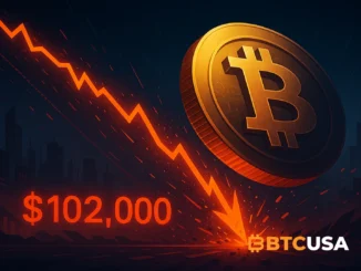 Digital illustration showing Bitcoin falling below support levels with red liquidation charts and cascading market effects