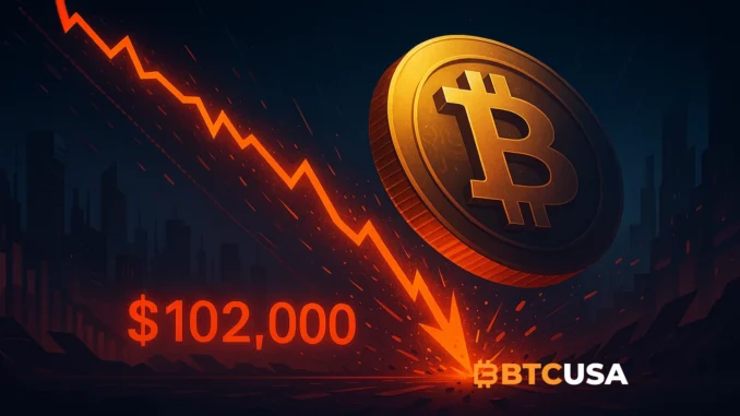 Digital illustration showing Bitcoin falling below support levels with red liquidation charts and cascading market effects