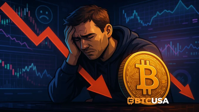 Digital illustration showing Bitcoin under selling pressure with market sentiment indicators reflecting panic and FUD