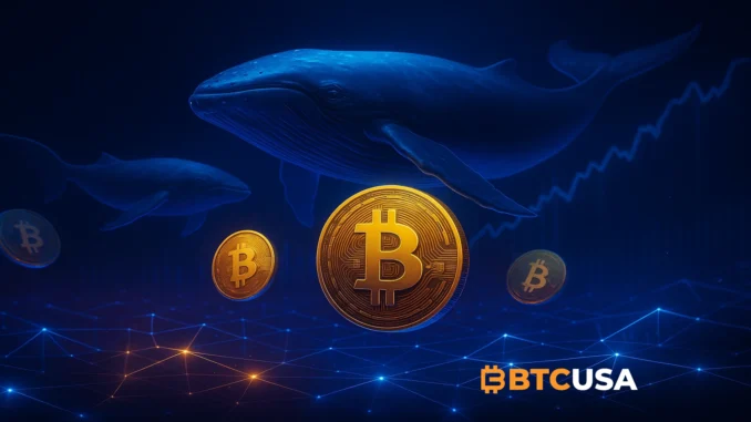Futuristic digital visualization of whales and Bitcoin coins symbolizing large-scale accumulation and rising market liquidity