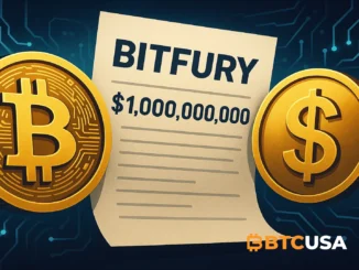 Illustration showing Bitcoin and dollar symbols representing Bitfury’s shift to a $1 billion technology investment fund