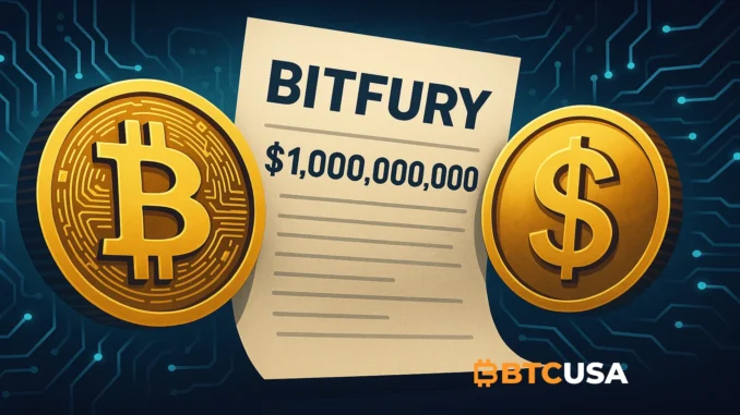 Illustration showing Bitcoin and dollar symbols representing Bitfury’s shift to a $1 billion technology investment fund