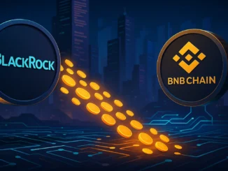 Digital illustration showing BlackRock’s tokenized fund represented as digital assets flowing into the BNB Chain network