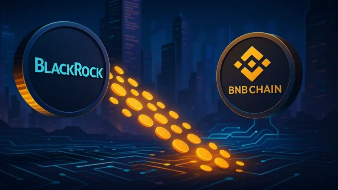 blackrock_buidl_bnbchain Digital illustration showing BlackRock’s tokenized fund represented as digital assets flowing into the BNB Chain network