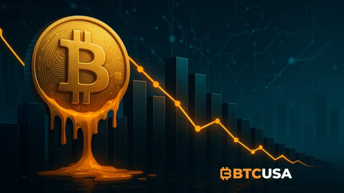 btc_holders_sell_in_loss Digital illustration showing Bitcoin with declining charts symbolizing selling pressure from short-term holders
