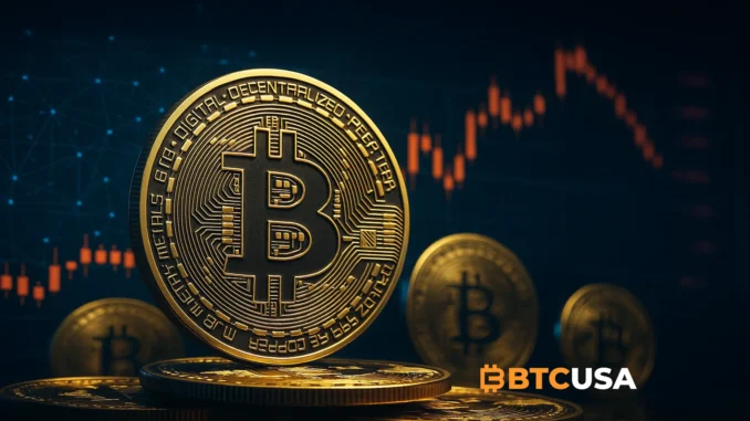 Bitcoin coins on a digital exchange background symbolizing increased selling pressure from short-term holders