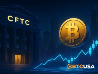 Futuristic digital illustration showing CFTC headquarters with glowing crypto charts symbolizing regulated leverage trading