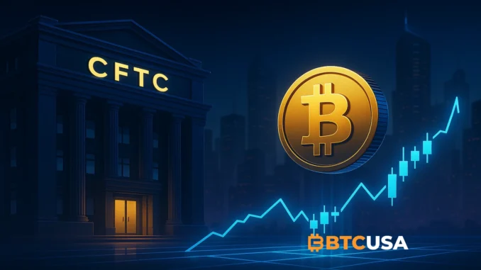 cftc_leveraged_crypto_trading Futuristic digital illustration showing CFTC headquarters with glowing crypto charts symbolizing regulated leverage trading