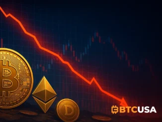 Illustration showing a sharp decline in crypto market value with falling charts and digital assets