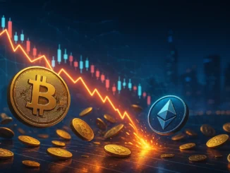 Digital illustration of cascading crypto liquidations across Bitcoin and Ethereum markets