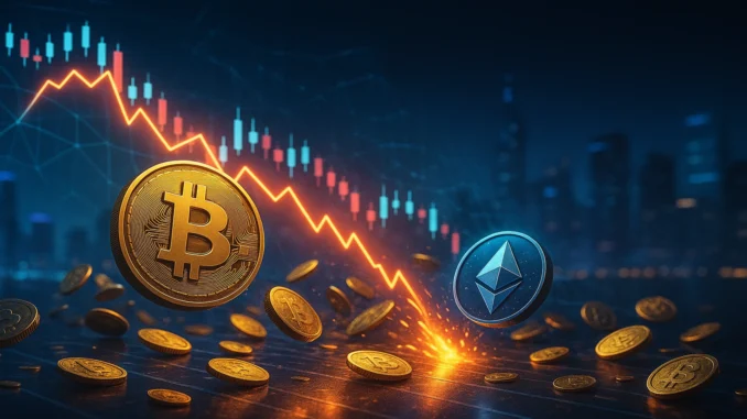 crypto_market_liquidation Digital illustration of cascading crypto liquidations across Bitcoin and Ethereum markets