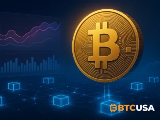 Digital illustration showing a rising Bitcoin coin over blockchain analytics charts symbolizing bullish on-chain metrics