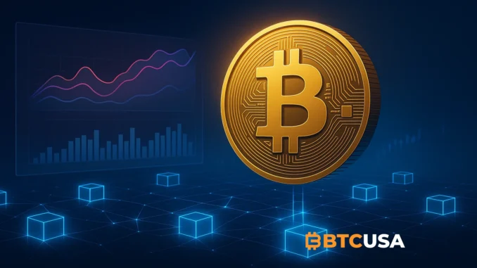 Digital illustration showing a rising Bitcoin coin over blockchain analytics charts symbolizing bullish on-chain metrics