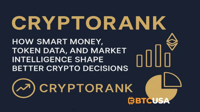 Crypto analytics concept showing charts, token symbols, and market data visuals representing CryptoRank’s platform for smart money analysis