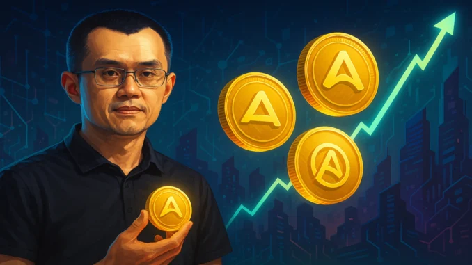 cz-buys-aster-token-30percent-surge-1920x1080 Digital illustration showing Changpeng Zhao with glowing Aster tokens rising sharply against a futuristic blockchain background, symbolizing growth and investor confidence