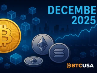 futuristic crypto market landscape with glowing digital charts, Bitcoin and Ethereum symbols, and shifting December market indicators represented through dynamic blue and gold gradients