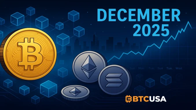 futuristic crypto market landscape with glowing digital charts, Bitcoin and Ethereum symbols, and shifting December market indicators represented through dynamic blue and gold gradients