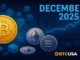 futuristic crypto market landscape with glowing digital charts, Bitcoin and Ethereum symbols, and shifting December market indicators represented through dynamic blue and gold gradients
