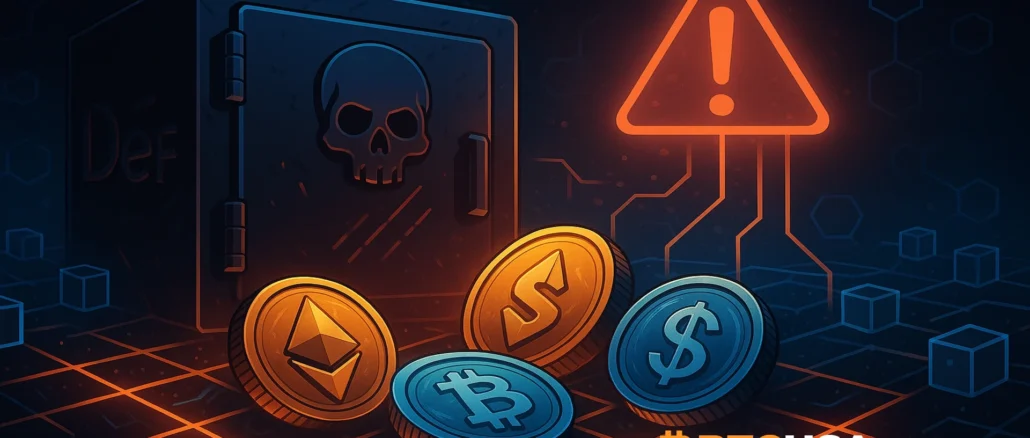 Dark futuristic visualization of DeFi vaults draining liquidity with digital tokens and warning signals representing market instability