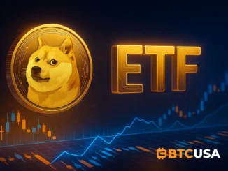 Futuristic digital illustration of Dogecoin and ETF symbols glowing above financial charts, representing the upcoming DOGE ETF listing
