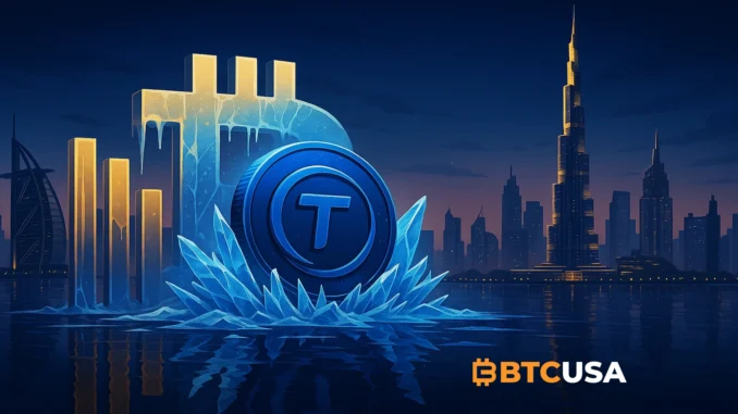 Digital illustration showing frozen digital assets in Dubai representing the $456M TrueUSD reserve freeze case