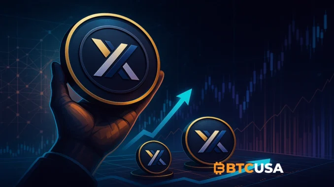 Digital illustration showing DYDX tokens being repurchased on the market with blockchain and financial data visuals