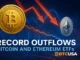 Digital illustration showing Bitcoin and Ethereum coins with downward financial charts symbolizing major ETF outflows