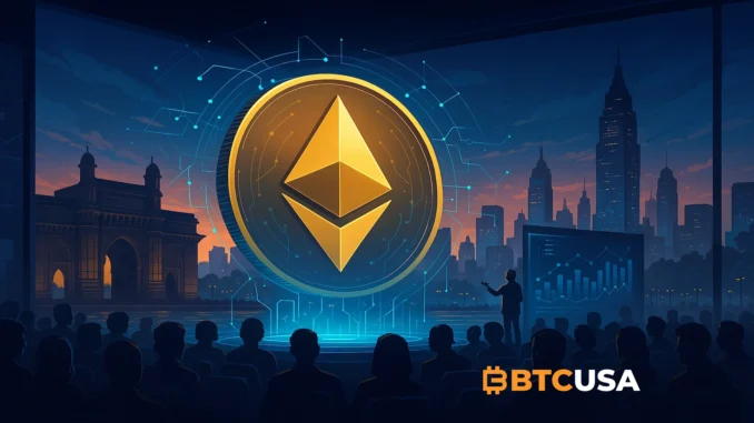 Futuristic illustration of an Ethereum-powered tech conference set in Mumbai’s skyline