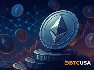 Digital illustration showing Ethereum coins rising with blockchain network visuals symbolizing institutional accumulation and investment confidence