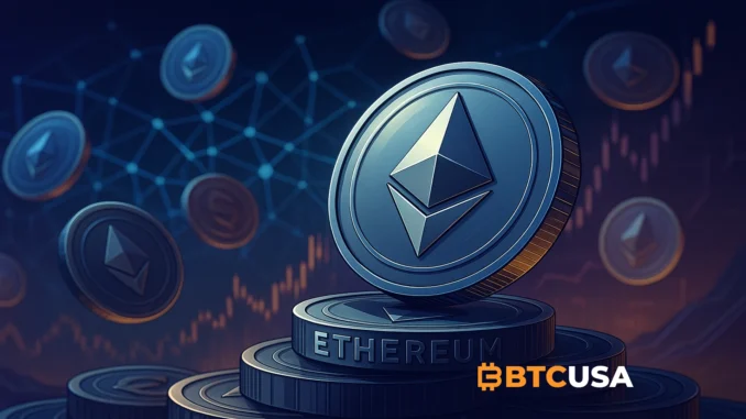 Digital illustration showing Ethereum coins rising with blockchain network visuals symbolizing institutional accumulation and investment confidence