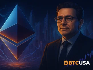 Digital illustration showing Ethereum as the core of modern finance connecting traditional markets and blockchain networks