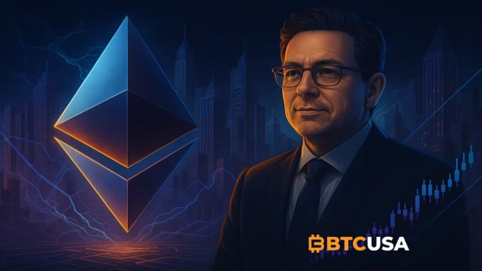 Digital illustration showing Ethereum as the core of modern finance connecting traditional markets and blockchain networks