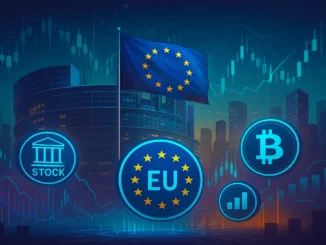 Cinematic illustration of the European Union headquarters surrounded by digital stock and crypto exchange symbols connected by regulatory data networks