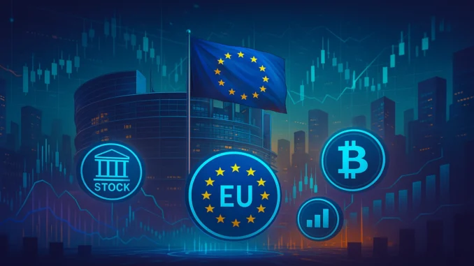 Cinematic illustration of the European Union headquarters surrounded by digital stock and crypto exchange symbols connected by regulatory data networks
