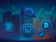 Cinematic illustration of the European Union headquarters surrounded by digital stock and crypto exchange symbols connected by regulatory data networks