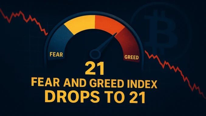 fear_and_greed_index Digital illustration of a fear and greed meter dropping into the red zone with a falling Bitcoin chart in the background