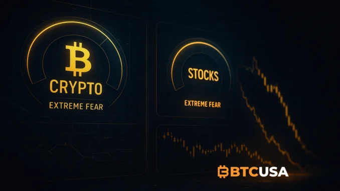 fear_index Dark market dashboard with fear indicators showing extreme fear levels in both crypto and stock markets