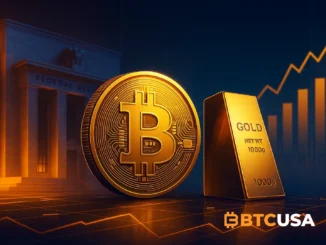 Futuristic digital concept showing Bitcoin and gold rising as the Federal Reserve injects liquidity into overheated markets