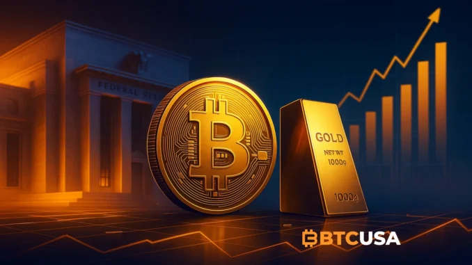 Futuristic digital concept showing Bitcoin and gold rising as the Federal Reserve injects liquidity into overheated markets