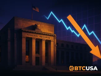 Digital illustration showing the Federal Reserve building and declining rate chart symbolizing cautious monetary policy and inflation risks