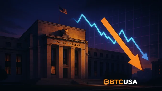 fed_rate_cut_probabilities Digital illustration showing the Federal Reserve building and declining rate chart symbolizing cautious monetary policy and inflation risks