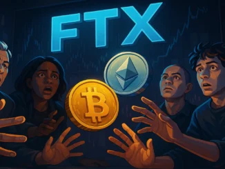 Cinematic digital illustration showing FTX creditors reaching for digital coins as crypto values fluctuate, symbolizing partial recovery and hope from airdrops