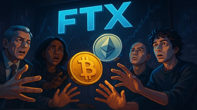 ftx-creditors-recovery-rate-airdrops-1920x1080 Cinematic digital illustration showing FTX creditors reaching for digital coins as crypto values fluctuate, symbolizing partial recovery and hope from airdrops