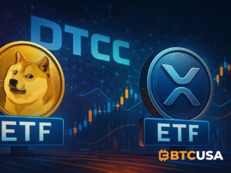 Digital illustration showing DOGE and XRP coins symbolizing ETF listings on DTCC amid financial network visuals