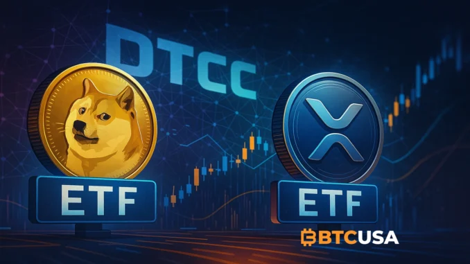 Digital illustration showing DOGE and XRP coins symbolizing ETF listings on DTCC amid financial network visuals