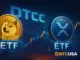 Digital illustration showing DOGE and XRP coins symbolizing ETF listings on DTCC amid financial network visuals