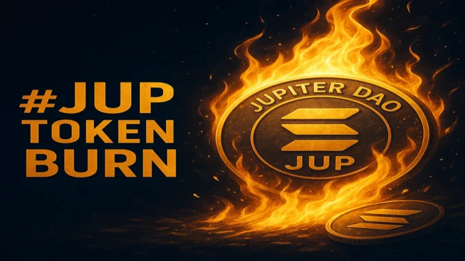 jupiter_dao_burn Futuristic digital illustration of Jupiter DAO token burn with glowing Solana-inspired visuals