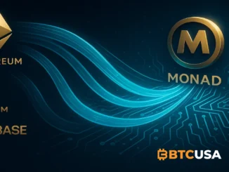 Futuristic visualization of capital streams flowing from Ethereum, Arbitrum and Base into the Monad blockchain