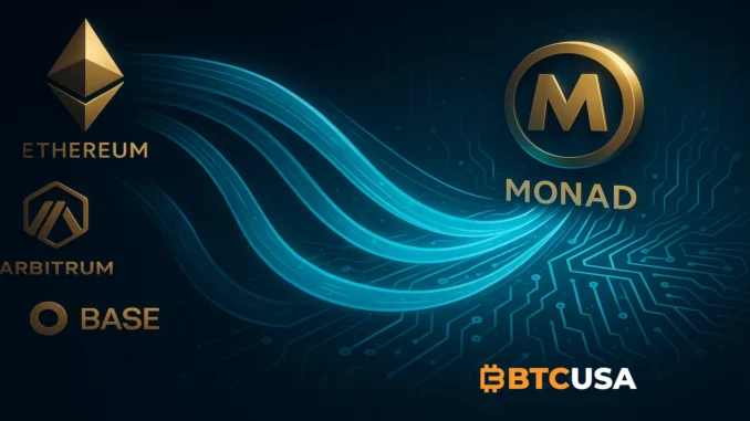 Futuristic visualization of capital streams flowing from Ethereum, Arbitrum and Base into the Monad blockchain